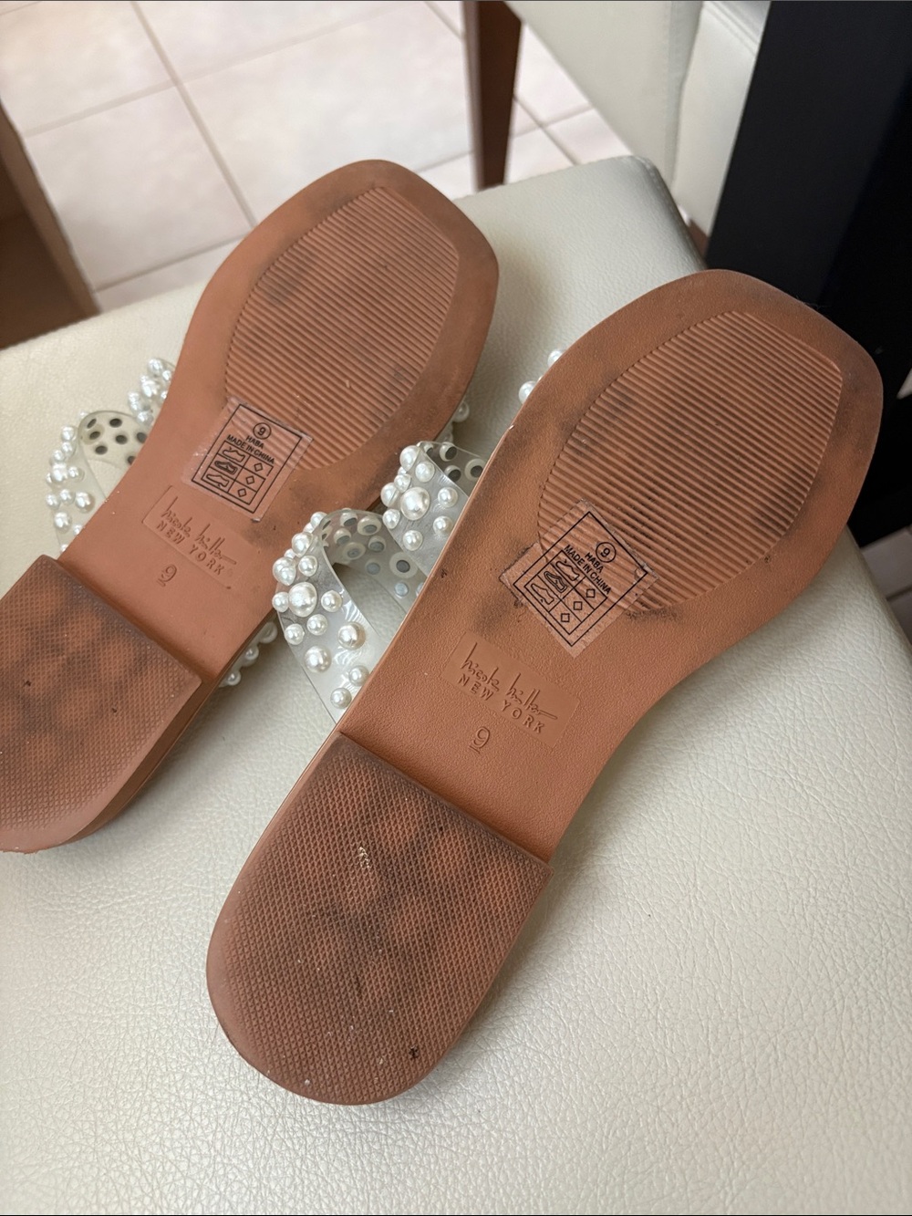 Nicole Miller Clear Pearl-Embellished Tan Slide Sandals - Picture 2 of 4